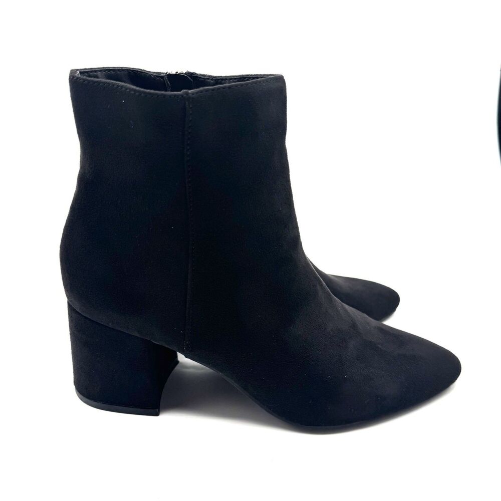 NEW Bamboo Faux Suede Ankle Booties Size 7.5 Cognac Black Block Heel Side Zip